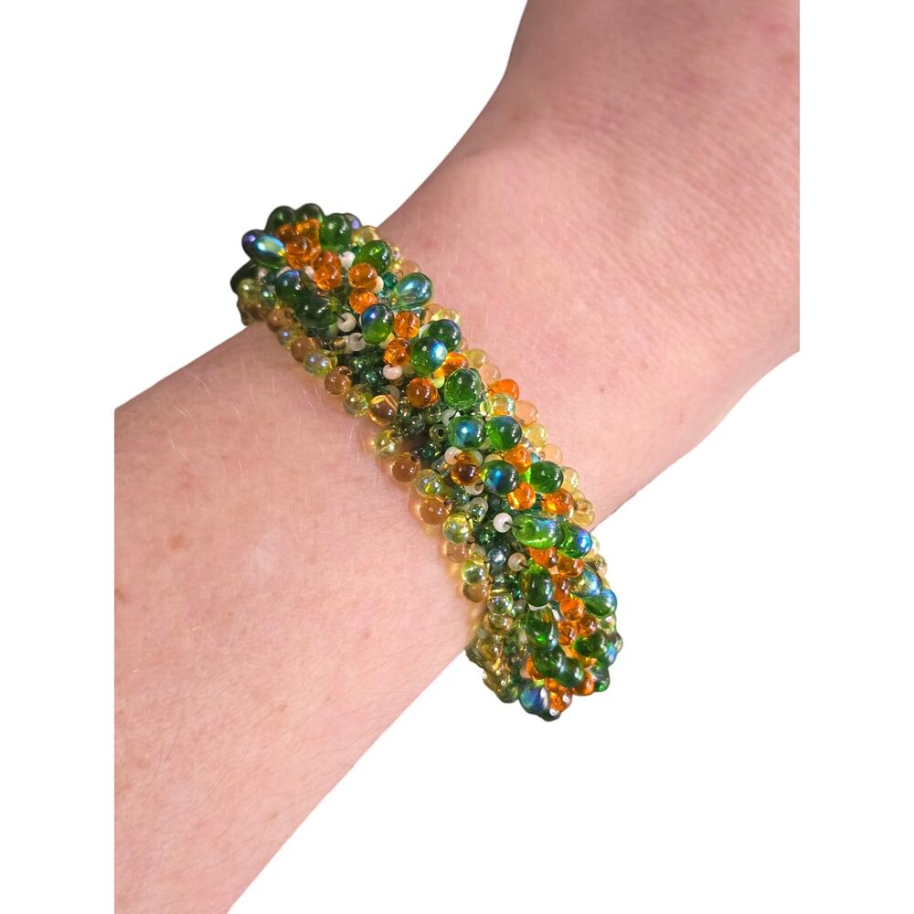 Handmade Bead Soup Bracelet With Goldtone Clasp Green, Orange, Blue, Yellow